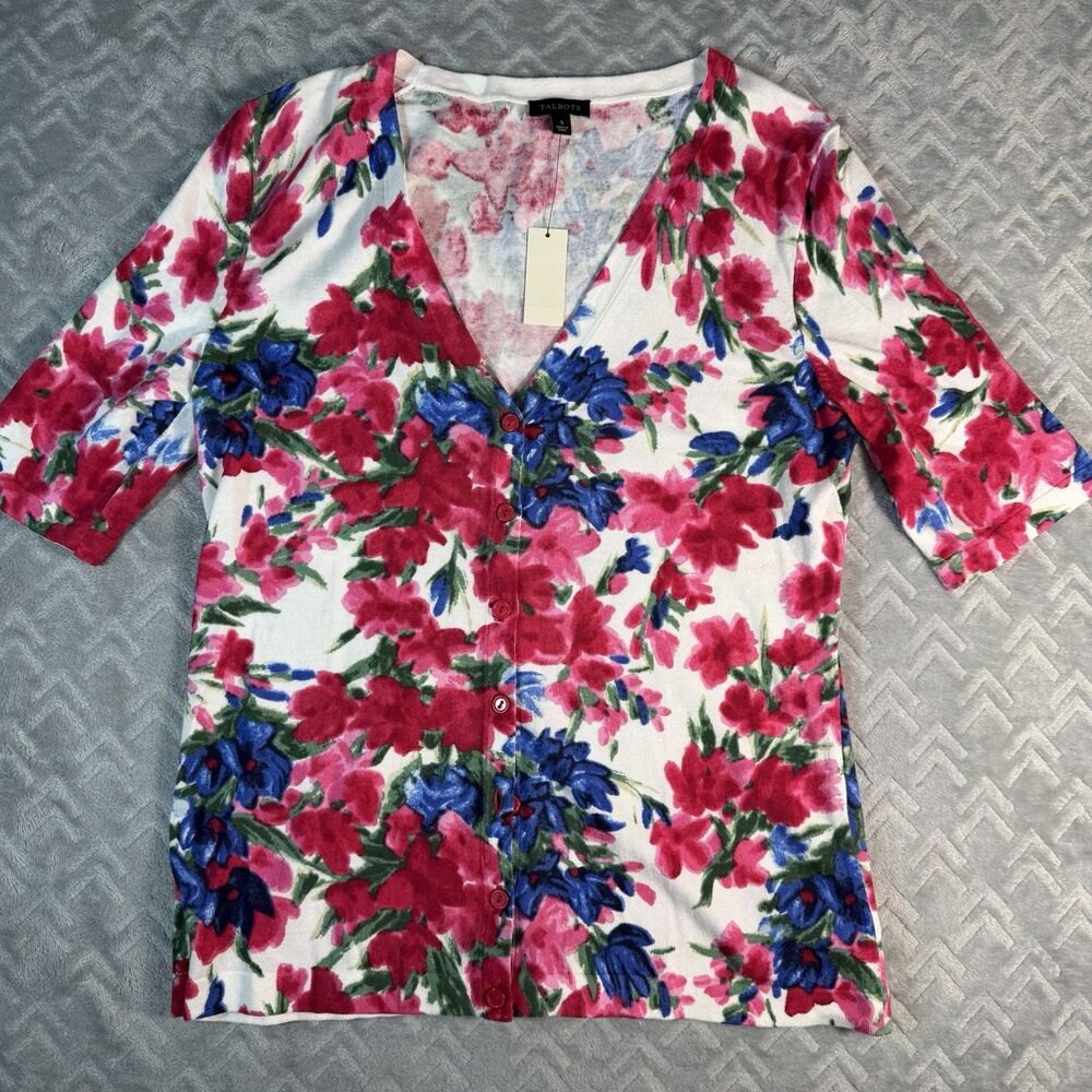 Talbots Button Up Sweater Size Small Floral Red Blue‎ Short Sleeve V-Neck NWT